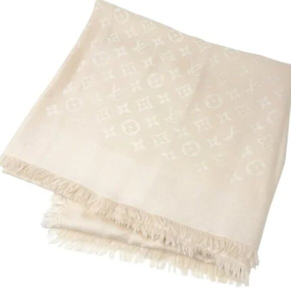 LOUIS VUITTON Vintage LV Logo Monogram Shine Scarf Wrap Beige Silk [106357] - Picture 4 of 8